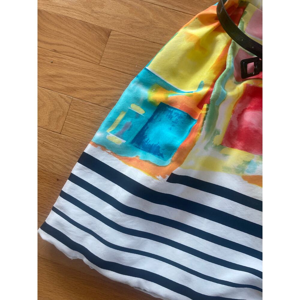 Rickie Freeman Teri Jon Silk Watercolor Abstract Stripe Colorful Belted Dress 8 - Picture 2 of 15